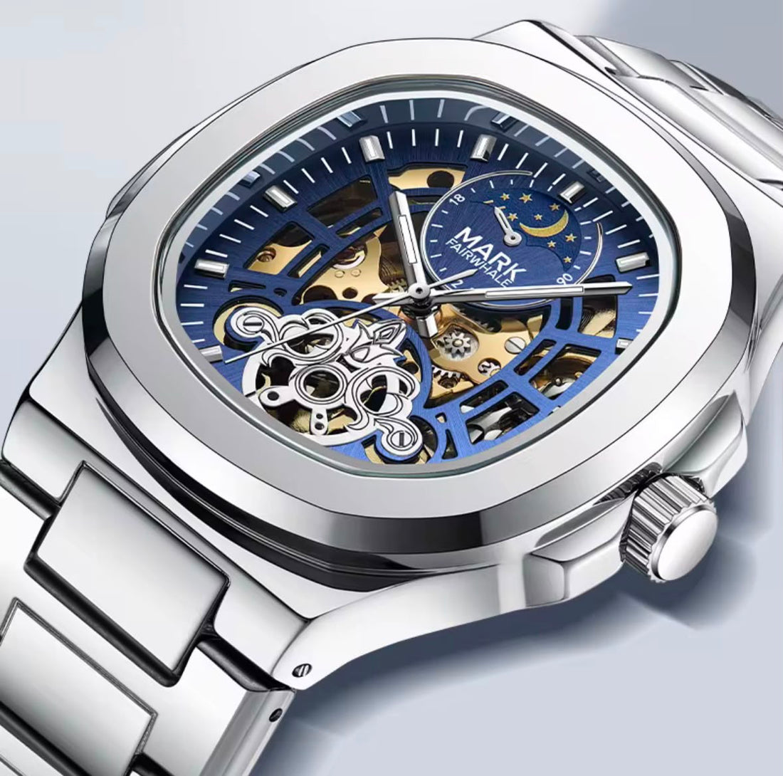 Mark Fairwhale Men’s Skeleton Mechanical Watch (Model FW-6012) – Stainless Steel Business Timepiece with Moon Phase